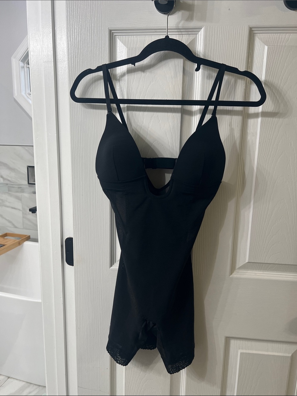 Black Deep Plunge Open Gusset Shapewear Bodysuit Lace Trim Small